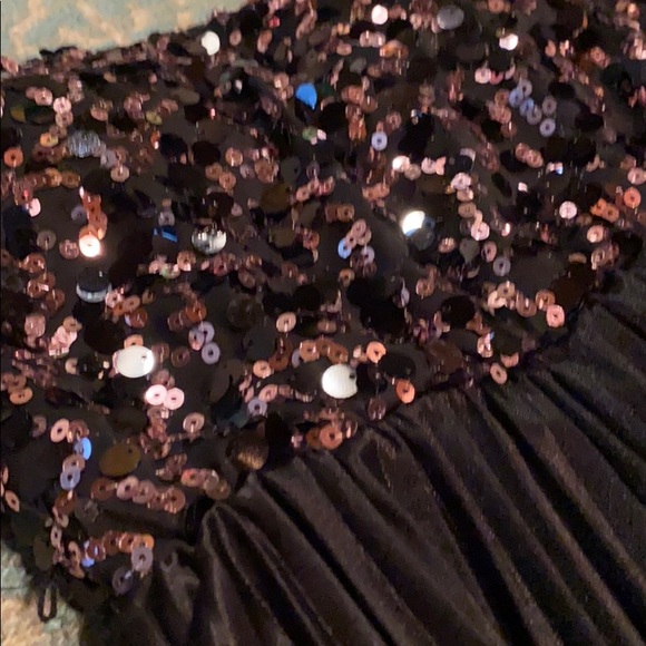 Strapless, black, silky mini dress with sequin top - Picture 2 of 6